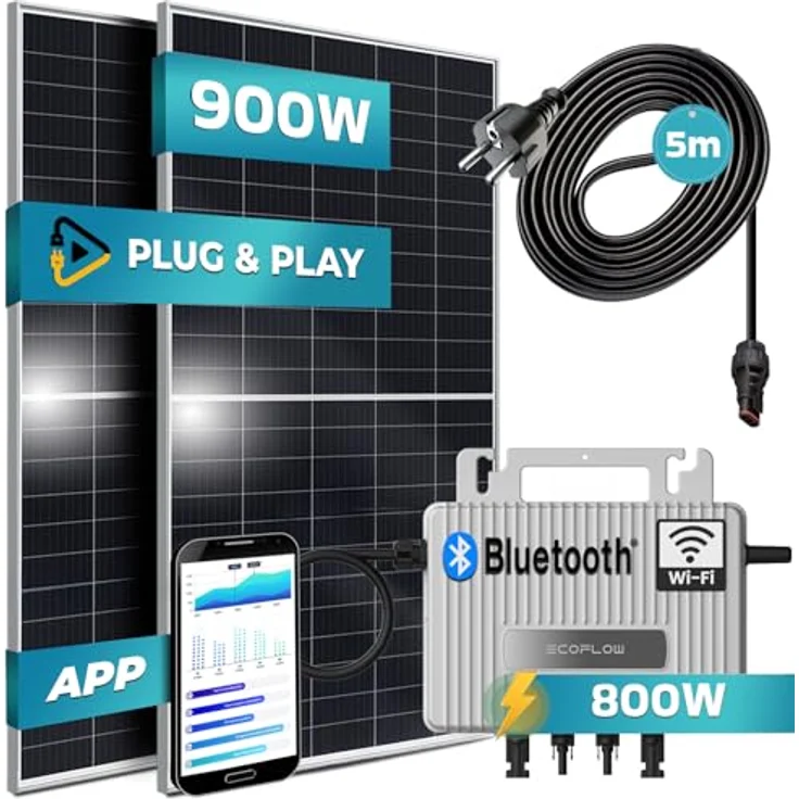 SUNNIVA Balkonkraftwerk 900W/800W, PV Solaranlage Komplettset mit 2x 450W Solarmodulen, Ecoflow Stream Wechselrichter, Silver Frame, inkl. 5m Kabel, Bluetooth & WIFI – Bild 2
