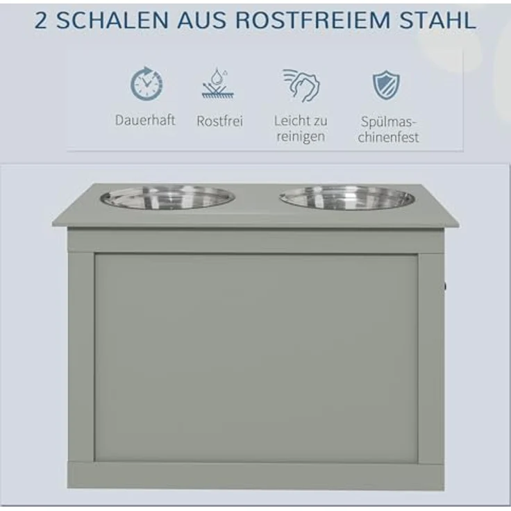 PawHut Hunde Fressnapf mit Staumraum 2 Näpfen Futterstation Edelstahlnapf Katzenapf Edelstahl Grau 60 x 30 x 41 cm, erhöhtes Design und versteckte Aufbewahrung – Bild 4