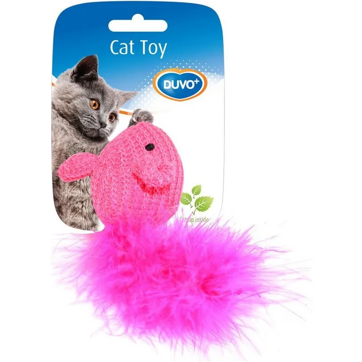DUVO+ Wollmaus Katzenspielzeug mit Federschwanz und Katzenminze, blau/rosa