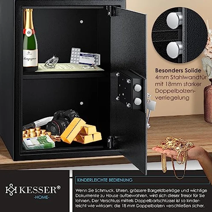 KESSER Möbeltresor mit Doppelbartschloss, Safe Tresor Geldschrank Boden-Wandtresor Wandsafe 50x35x31cm ink. 2 x Schlüssel & Befestigungsschraube Schwarz – Bild 4