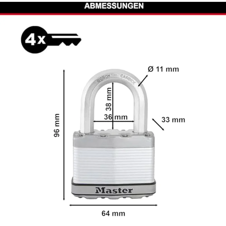MASTER LOCK Hochsicherheits Vorhängeschloss [Schloss mit Schlüssel] [Laminiertem Stahl] [Wetterfest] [Medium Bügel] M15EURDLF - Ideal für Lagerräume, Lagerschuppen, Garagen, Zäune – Bild 6