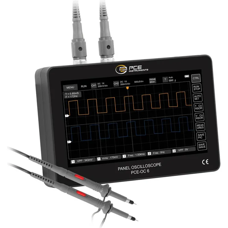 PCE Instruments PCE-OC 6 Digital-Oszilloskop 100MHz, 1 GSa/s, 30 kpts, 240000 Bit, 7-Zoll-Farb-TFT-LCD, tragbares Handgerät
