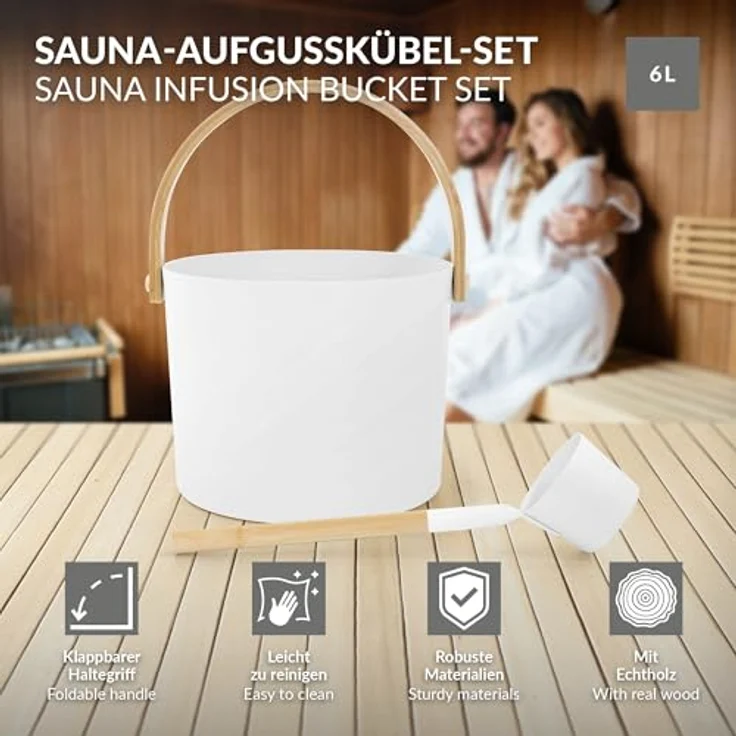 LuxeBath Saunazubehör-Set 2-TLG, Aufgusskübel aus Aluminium & Bambus, Weiß, 6L mit klappbarem Griff & Schöpfkelle, langlebiges Sauna Zubehör – Bild 2