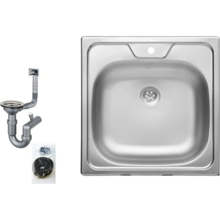 Faizee Möbel Edelstahlspüle 48x48 cm Hochwertig beidseitig Montierbar Küchenspüle Eckig Einbauedelstahlspüle Edelstahl Spülbecken f. Unterschränke ab 45 cm inkl. Siphon-Set
