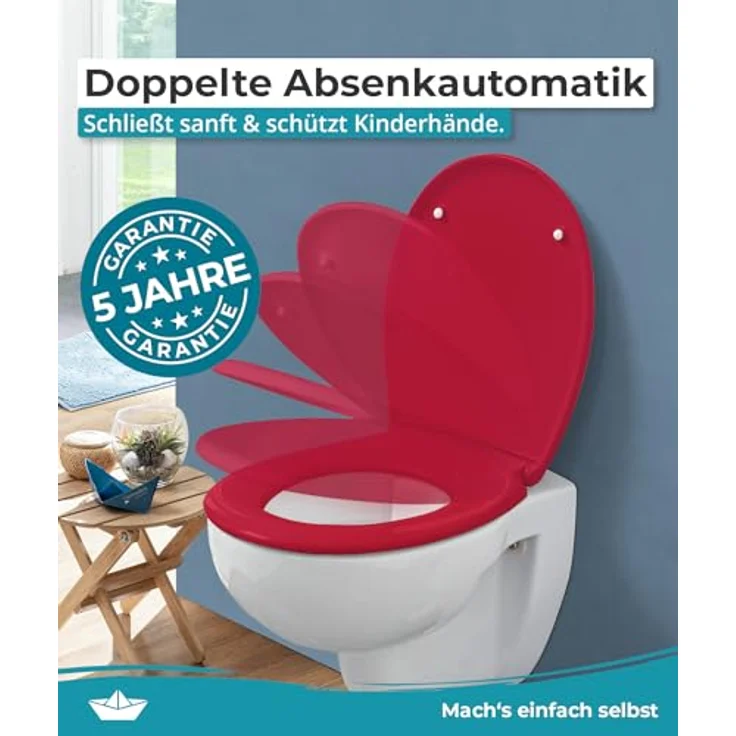 Calmwaters WC Sitz Premium Rot, Absenkautomatik, antibakteriell, abnehmbar, Duroplast, 250 kg Tragkraft, universale Standard-Form – Bild 3