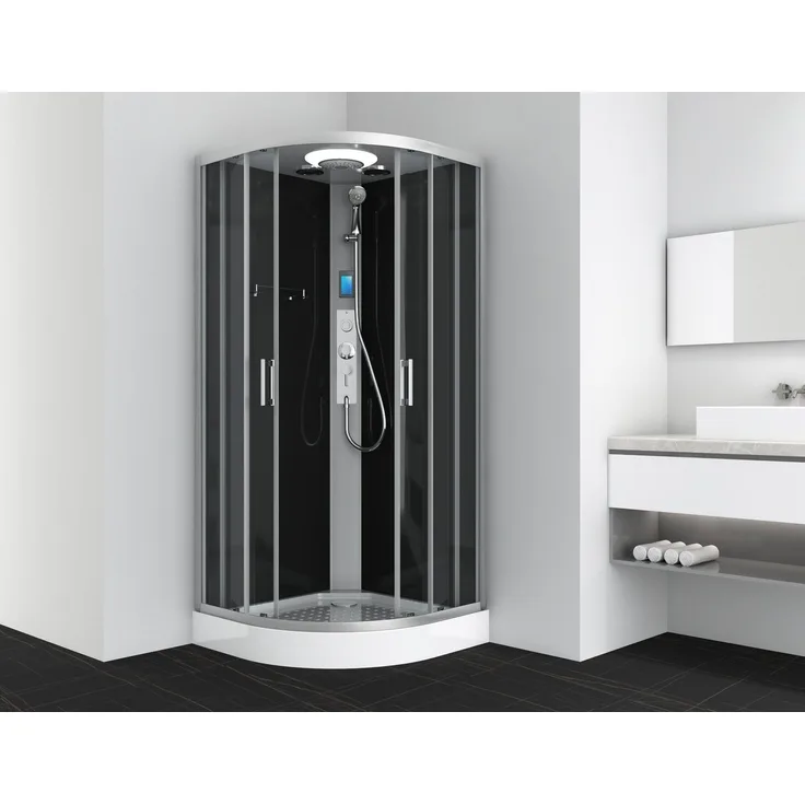 "Sanotechnik Komplettdusche AUSTIN, 90x90 cm Sicherheitsglas, LED-Beleuchtung, Bluetooth, Radio, Schwarz"