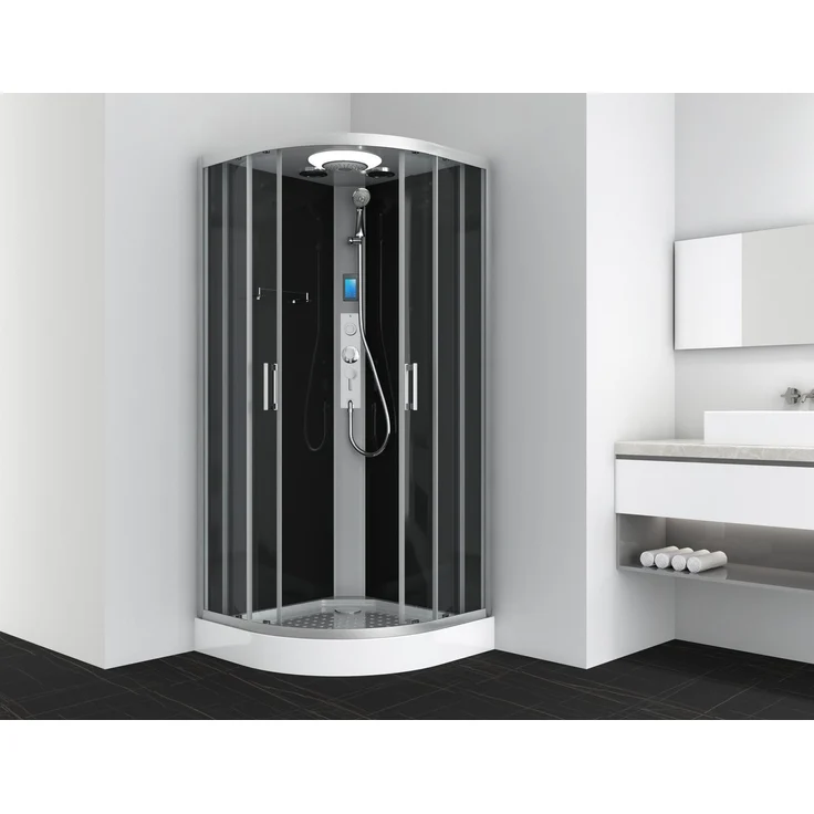 "Sanotechnik Komplettdusche AUSTIN, 90x90 cm Sicherheitsglas, LED-Beleuchtung, Bluetooth, Radio, Schwarz"