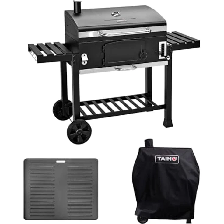 TAINO HERO XXL Smoker Holzkohlegrill Set, mit Abdeckhaube, Grillplatte und höhenverstellbarer Holzkohle-Wanne, 142 x 46 x 111 cm, inkl. Thermometer und klappbaren Seitentischen – Bild 1