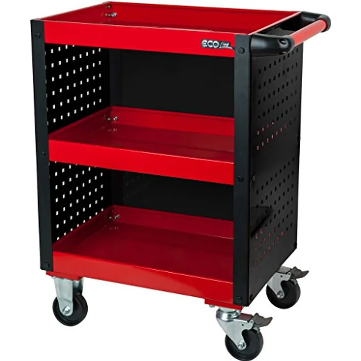 KSTOOLS ECOline Werkstatt-Servicewagen, rot, aus Stahlblech mit 3 Etagen und seitlicher Lochplattenverkleidung, Gesamttragkraft 150 kg