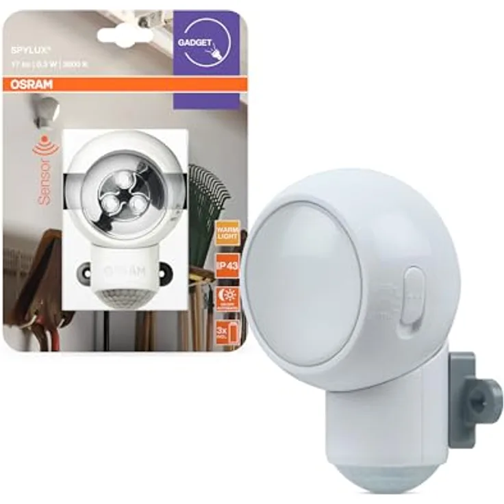 OSRAM LED-Nachtlicht mit Bewegungsmelder, batteriebetrieben, 3000K warmweiß, IP43 spritzwassergeschützt, inkl. Batterien und Magnethalterung