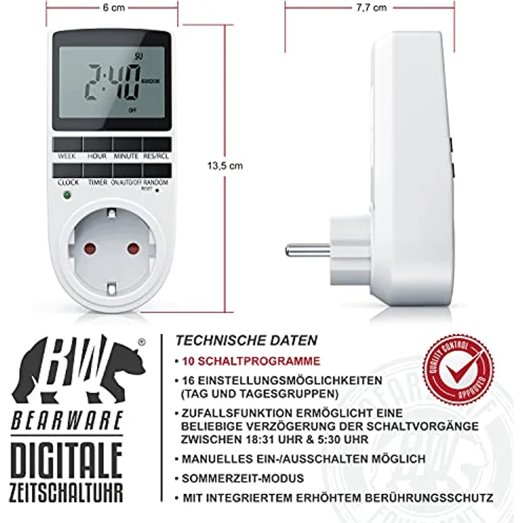CSL - Zeitschaltuhr digital - 2,1 LCD-Display 5,3 cm - 3680W - Digital-Zeitschaltuhr mit 10 konfigurierbaren Programmen - Back-Up Reserve-Akku - Zufallsschaltung - integrierter Berührungsschutz – Bild 3
