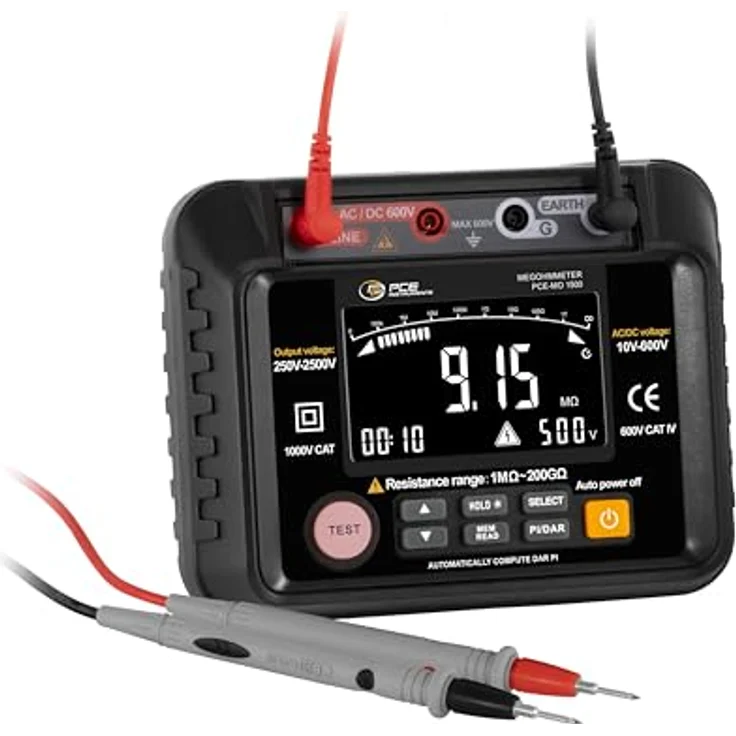 PCE Instruments IsolationsVoltmeter PCE-MO 1500 mit internem Speicher/PI-, DAR- und Hold-Funktionen/Batteriebetrieben/3,7-Zoll-LCD-Bildschirm mit Hintergrundbeleuchtung.