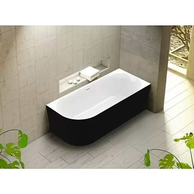 Ottofond Raumsparbadewanne Mince Corner, 180 x 80 cm, Sanitäracryl, Schwarz/Weiß, links, mit Schalldämmung und Chrom-Ablaufgarnitur