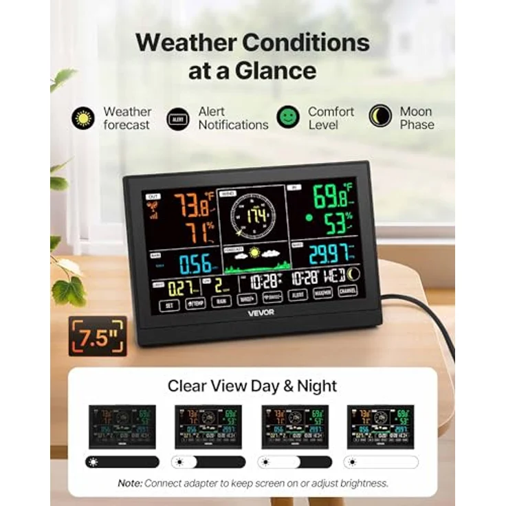 VEVOR 7-in-1 WLAN-Wetterstation mit 7,5-Zoll-VA-Display, solarbetriebenem Außensensor, Wettervorhersage, Windgeschwindigkeit, Temperatur- und Luftfeuchtigkeitsmessung, Niederschlag – Bild 4