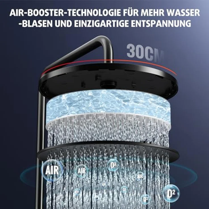 Rainsworth Duschsystem mit Thermostat, schwarze 30cm Rund Regendusche, 5 Strahlarten, höhenverstellbare Edelstahl-Duschstange – Bild 4