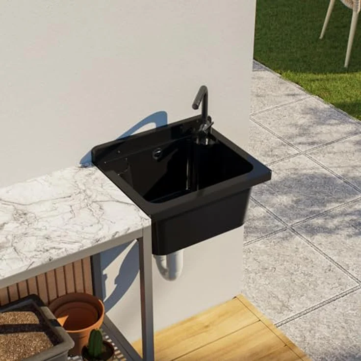 QLS Küchenspüle MANTA, Kunststoff-Spülbecken, 42x34 cm, für Garten, Garage, Werkstatt - Polypropylen, Siphon mit Edelstahlsieb, Wand- und Standarmaturen - Blau – Bild 2