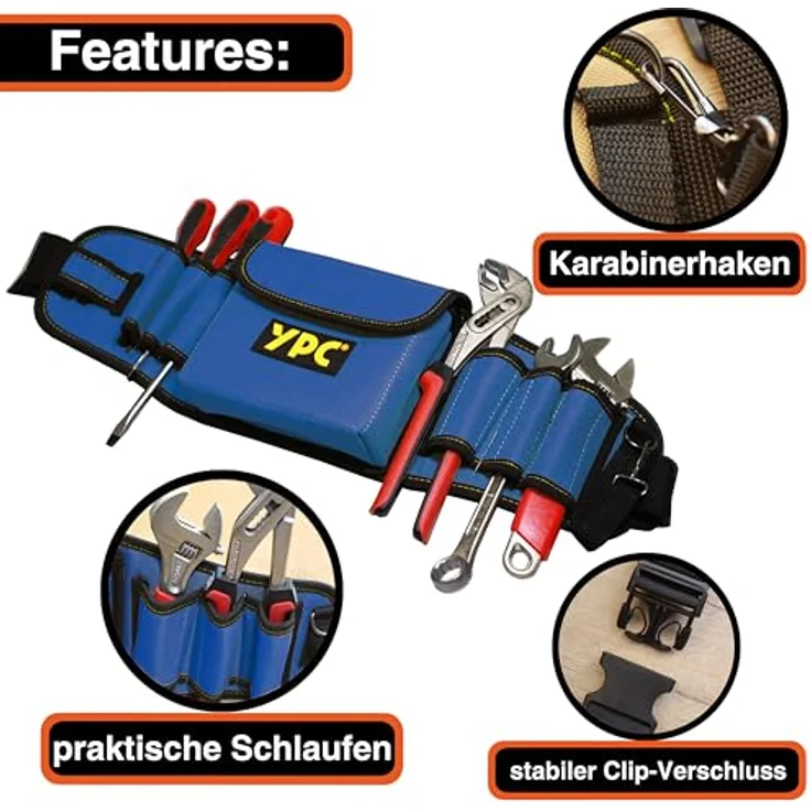 YPC ProBelt – Profi-Werkzeuggürtel mit großer Nageltasche (17x15x5 cm), 7 Steckfächern, verstellbar und in Khaki, Grau oder Blau – Bild 4