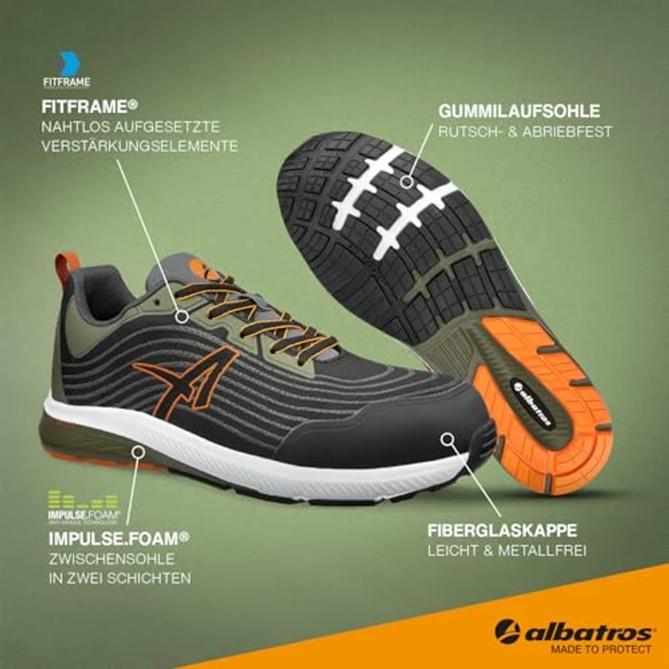 Albatros WAVE IMPULSE LOW S1PS ESD FO HRO SR Sicherheitsschuh, rutschfeste Laufsohle, Schuhgröße 42, Schwarz-Oliv – Bild 2