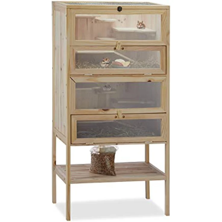 Relaxdays Hamsterkäfig aus Holz, 3 Etagen, Klappen, Sichtfenster, Gitterdach, Nagerkäfig XXL, HBT: 120x60x40 cm, natur – Bild 1