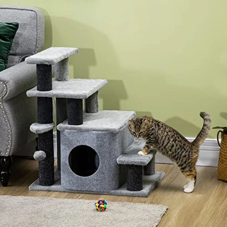 PawHut Haustiertreppe, 3/4-stufige höhenverstellbare Katzentreppe mit Schlafhöhle 2 in 1 praktische Hunderampe für kleine Hunde und Katzen Einstieghilfe für hohe Betten Sofa Grau 60 x 40 x 66 cm – Bild 2