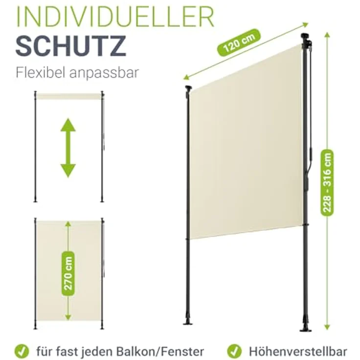 Juskys Senkrechtmarkise Barbados 120x310 cm - Balkon Sichtschutz wetterfest - Ausziehbare Seitenmarkise ohne Bohren für Garten und Balkon - Beige – Bild 5