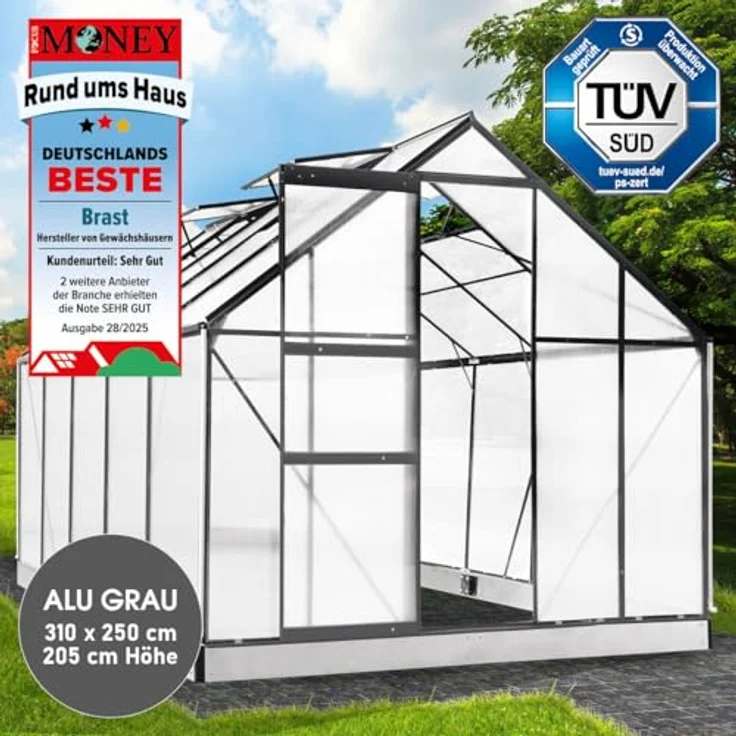 BRAST Gewächshaus Aluminium mit Fundament, 310x250x205cm, Grau, TÜV geprüft, 6mm Hohlkammerplatten, rostfrei, wetterfest, temperaturbeständig – Bild 2