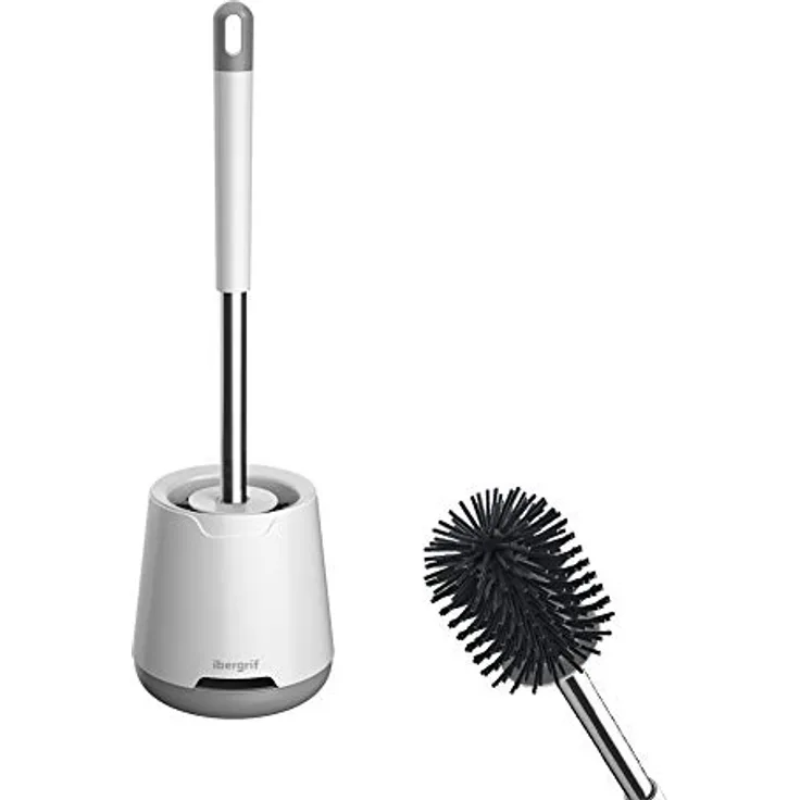 Ibergrif M34152, Klobürste Silikon mit Abtropfschale-Toilettenbürste, Klobürstenhalter Anti-Tropf, WC Bürste Belüftet Trocknung Geruchlos, WC Bürstengarnitur Stehen und Wandmontage, Weiss, 126x425mm