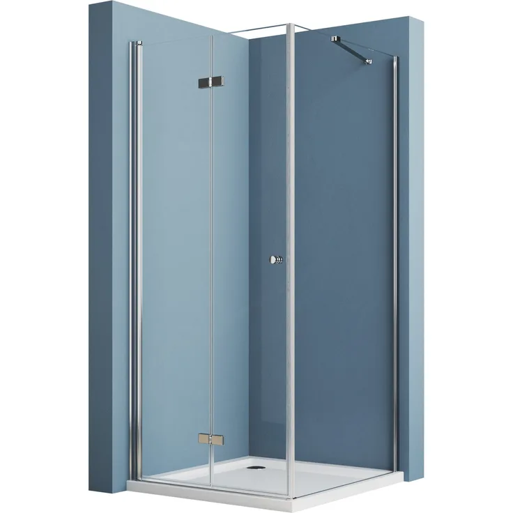 Hopibath Eckdusche Duschkabine Falttür mit Seitenwand H:185cm, BxT: 100x80 cm, 5mm Sicherheitsglas, Alu-Haltestangen, Magnetverschluss, Silber