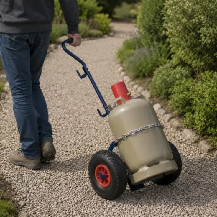 relaxdays Sackkarre Transportwagen für Gasflaschen, bis 15 kg Traglast, blau, mit Sicherungskette und Schlauchhaken – Bild 3