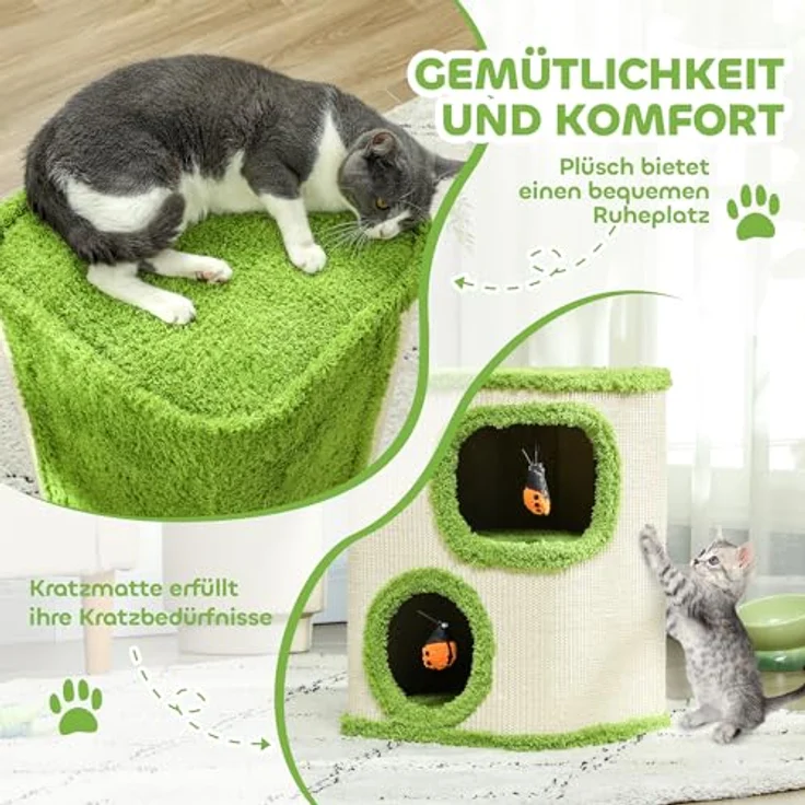 PawHut Kratztonne, 52 cm Katzentonne mit 2 Höhle, Grün+Cremeweiß, aus Sisal, für Katze bis 5 kg – Bild 4