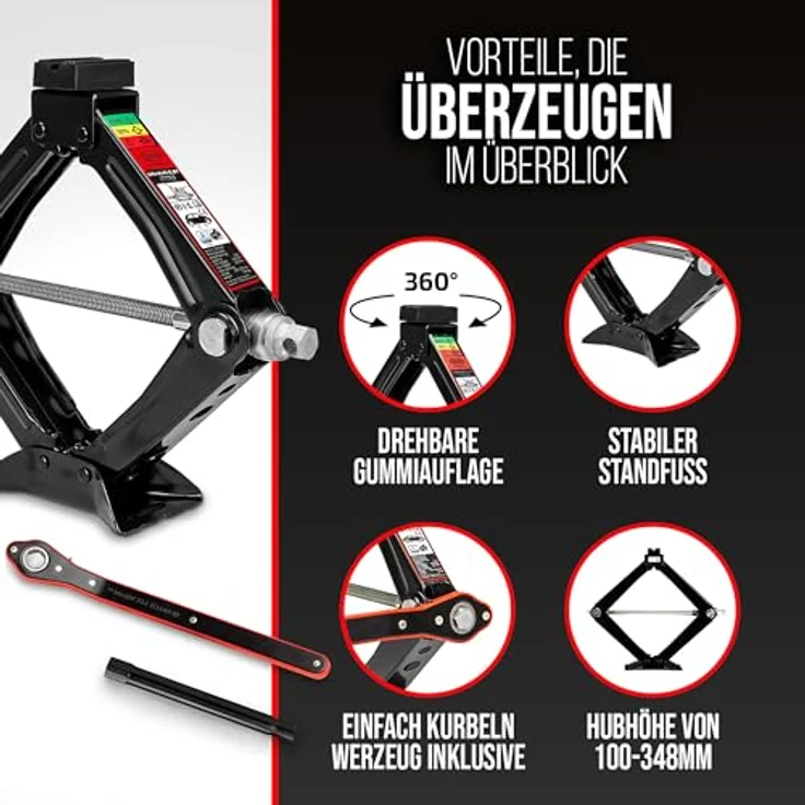 HEYNER® Ultra Lift S PRO, Scherenwagenheber Set 1t Traglast mit drehbarem Sattel, Radmutternschlüssel & Montagehandschuhe, Hubhöhe 100-348mm, Schwarz – Bild 6
