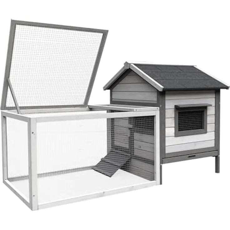 Wiltec Hasenstall hellgrau 1460 x 750 x 830 mm mit Freilaufgehege und erhöhtem Unterschlupf - Kaninchenkäfig mit 2 Etagen, Kleintierstall