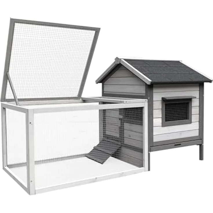 Wiltec Hasenstall hellgrau 1460 x 750 x 830 mm mit Freilaufgehege und erhöhtem Unterschlupf - Kaninchenkäfig mit 2 Etagen, Kleintierstall – Bild 1