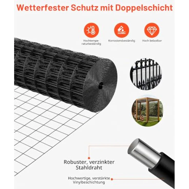 VEVOR Gartenzaun, 61 cm x 7,62 m, verzinkter Drahtzaun mit schwarzer PVC-Beschichtung, Maschenweite 5,08 x 7,62 cm für Hühner & Kaninchen – Bild 4