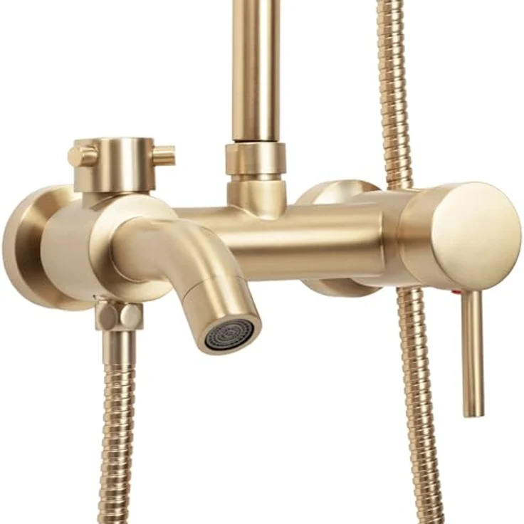 Rea Duschsystem Luis Gold Brush, Duschset mit 20 x 20 cm Regendusche und 150 cm Schlauch, gebürstetes Gold – Bild 3