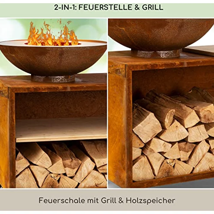 Blumfeldt Feuerschale, Tragbare Feuerschalen für den Garten, Outdoor Feuerstelle mit Grillrost, Groß, Rost-Optik – Bild 2