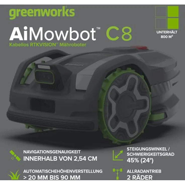 Greenworks Mähroboter AiMowbot 8, kabelloser Rasenmäher mit RTKVision für Rasenflächen bis 800 m², 54 dB Geräuschpegel – Bild 2