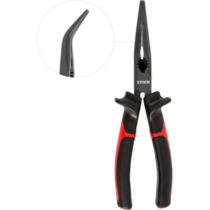 STIER Telefonzange, 45° gebogen, 205 mm, Multifunktionale Spitzzange zum Greifen, Biegen, Halten, Schneiden, lange und flache-halbrunde Backen, 2-Komponentengriff