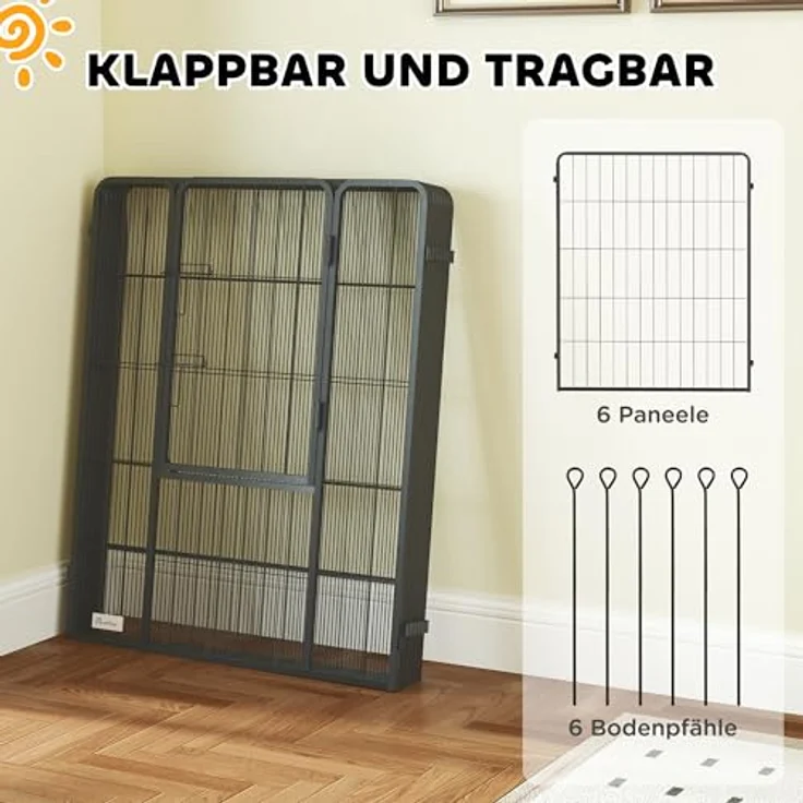 PawHut Welpenauslauf 100 cm Hoch, 6-TLG. Hundelaufstall mit Tür, anpassbares Freilaufgehege für kleine bis große Hunde, Stahl, Grau – Bild 5