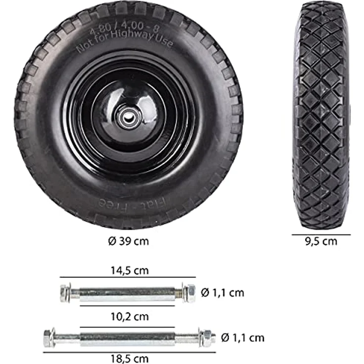ONVAYA Schubkarrenrad Vollgummi, Ersatzrad für Schubkarre, Sackkarre oder Bollerwagen, Gummirad mit Achse Kugellager, Schubkarrenreifen pannensicher, Größe: 4.80 4.00-8 – Bild 3