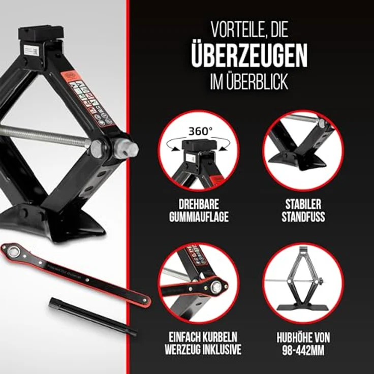 HEYNER® Ultra Lift L PRO, Scherenwagenheber Set mit drehbarem Sattel, Radmutternschlüssel und Montagehandschuhe, Black Edition, GS-geprüft – Bild 6
