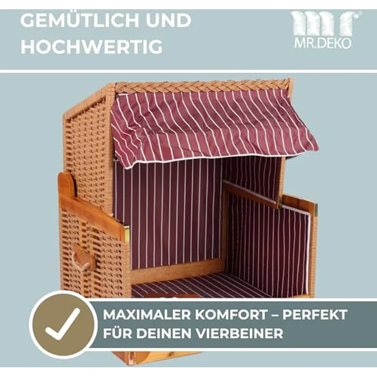 MR. DEKO® Hundestrandkorb Wacholder PE Beige, mit rot gestreiftem Dach, inklusive schwenkbarem Edelstahl-Futternapf und Wassernapf, UV-beständig und wetterfest, für Hunde und Katzen – Bild 2