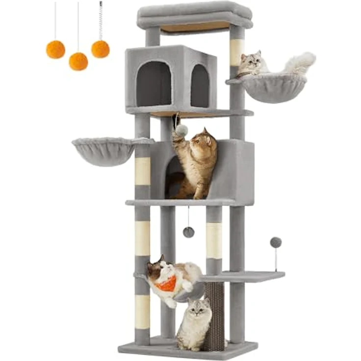 Feandrea Kratzbaum, 175 cm hoch, XL, mehrstöckiger Katzenbaum mit 2 Höhlen, 2 Liegemulden, 5 Kratzsäulen, Katzenbürste, große Plattform, Taubengrau PCT182G01 – Bild 1