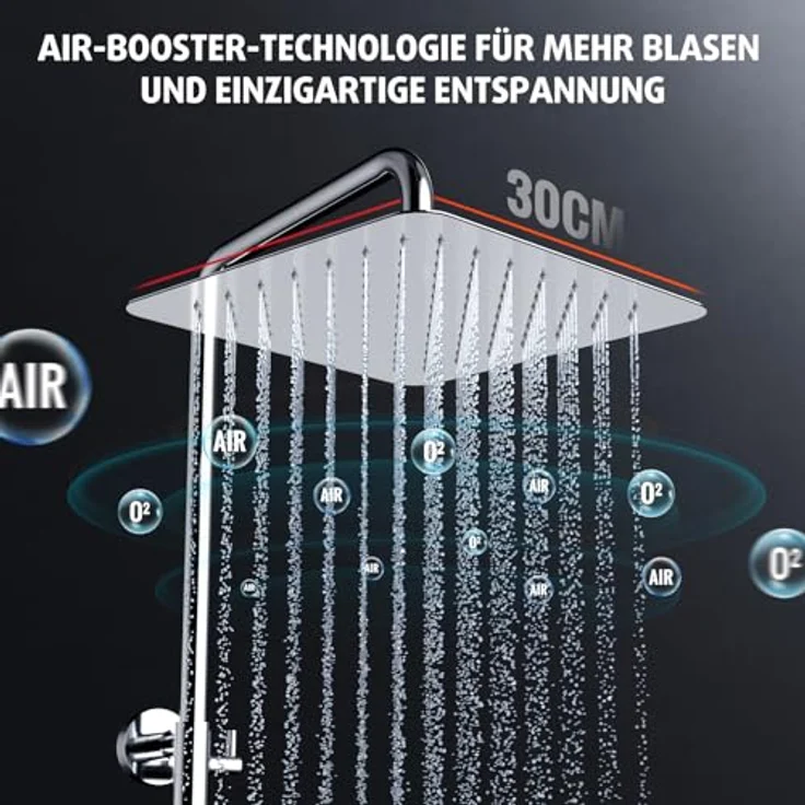 Rainsworth Duschsystem ohne Wasserhahn, Chrom – 30 x 30 cm Eck-Regendusche und Duschkopf mit 3 Strahlarten, mit Messing-Umsteller, Duschsäulen-Set mit Ablage – Bild 5
