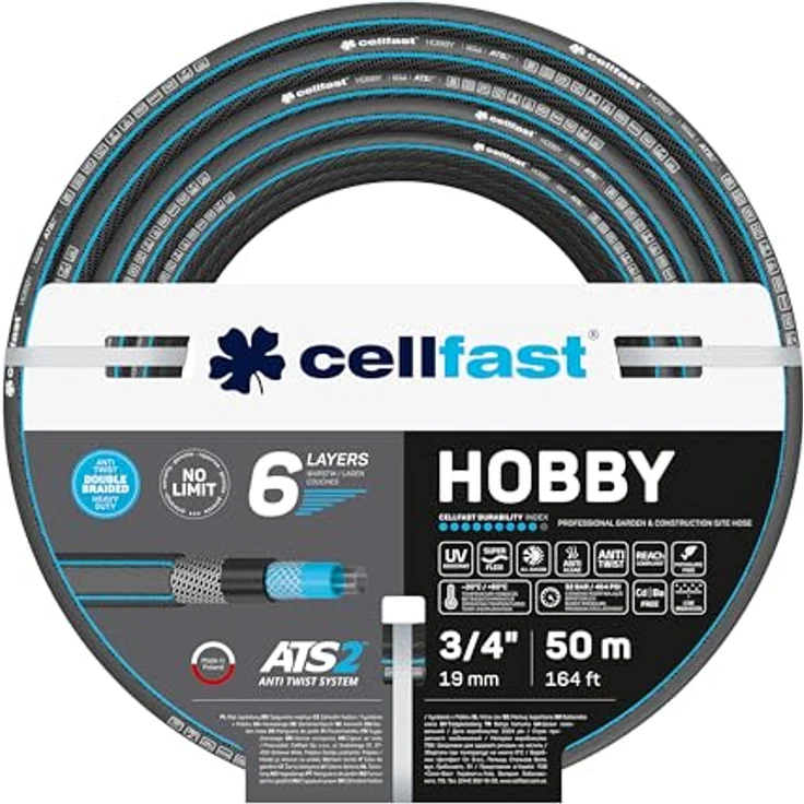 Cellfast Gartenschlauch Hobby, Formstabiler, Flexibel 6-lagiger Schlauch aus hochwertigem Doppelgeflecht mit Kreuz- und Trikotgewebe, 30 bar Berstdruck, 50m ,3-4 zoll – Bild 2