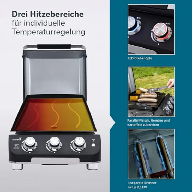 Skandika Plancha Grill Palo 3-Brenner Plus, Gasplancha Grillplatte mit Deckel, 3 separat steuerbare Brenner, transportabler Tischgrill für Outdoor, Camping und Balkon – Bild 4