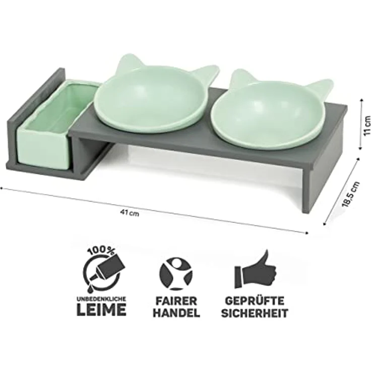 CanadianCat Company | Katzennapf erhöht, Futternapf Katze Cat Diner mit DREI Keramik Näpfen, Ø14,5 cm Fressnapf, Futterschale, Futterstation, mintgrün/grau – Bild 2