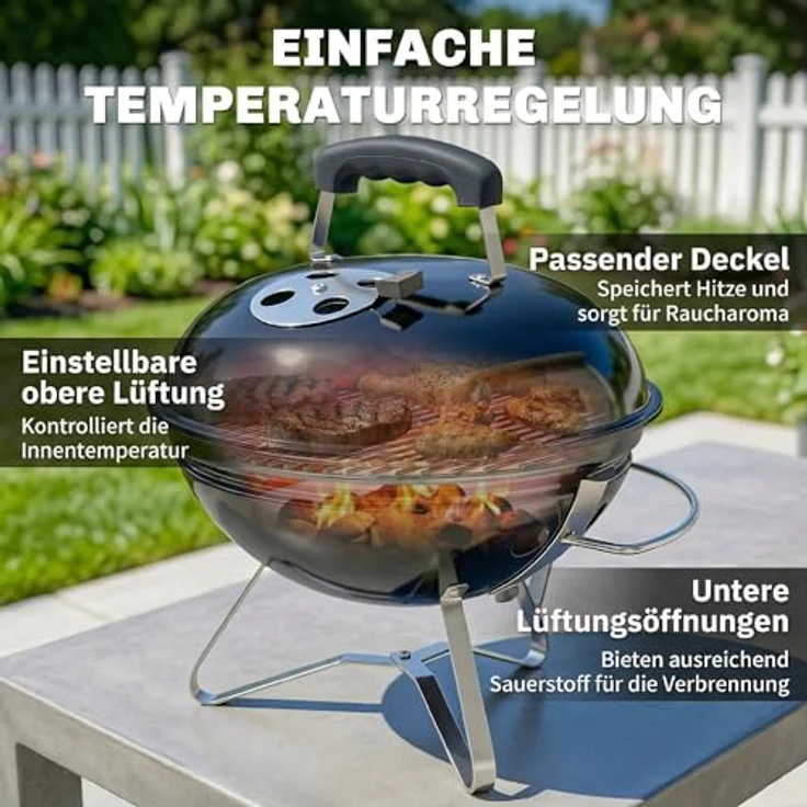 Outsunny Holzkohlegrill BBQ Smoker, tragbarer Kugelgrill mit verstellbaren Lüftungsschlitzen und Deckelgriff, Ø41 cm, Schwarz – Bild 5