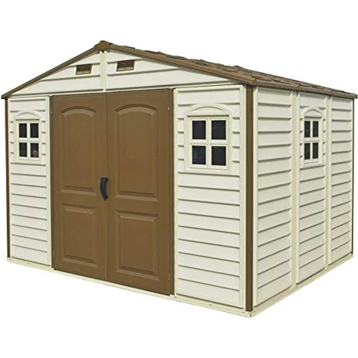 Duramax WoodSide 10 x 8 (7.64 m²) Kunststoff gerätehaus mit 3 festen Fenstern und Metallfundamentset, Gerätehaus, wartungsfreie und robuste und Dachstruktur aus Metall, Ivory/Brown – Bild 5