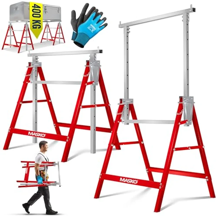 MASKO® Teleskop-Arbeitsbock Untergestell 8-er Set, höhenverstellbar 800-1300 mm, max. Belastbarkeit 200 kg, inkl. rutschfester Handschuhe, Rot – Bild 1